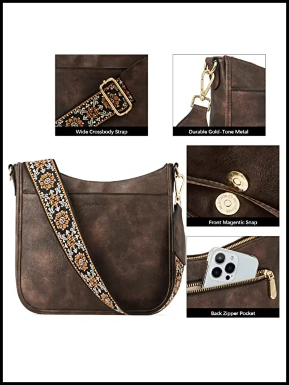 Vegan Leather Hobo Crossbody Bag with Wide Guitar Strap